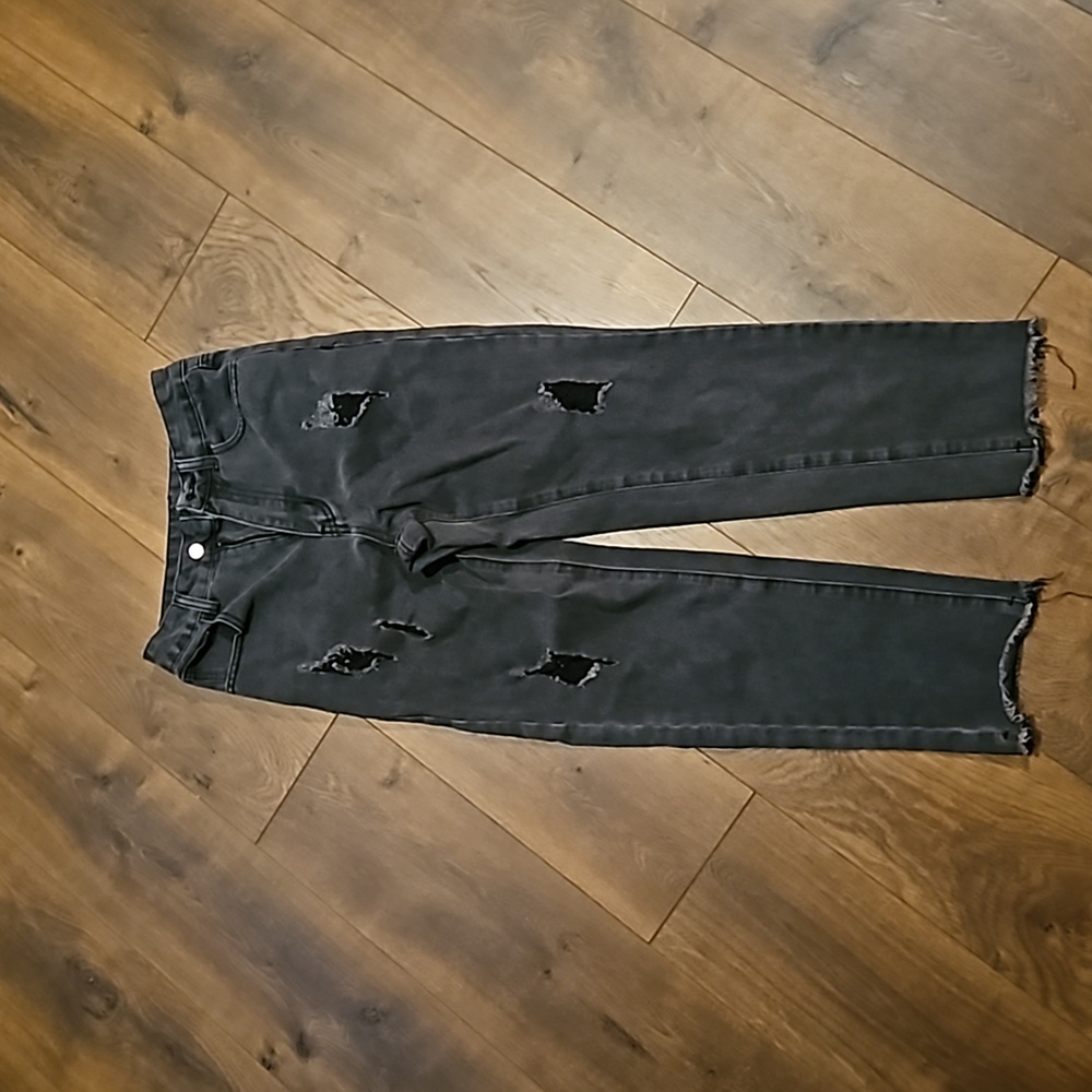 Black distressed frayed straight leg jeans